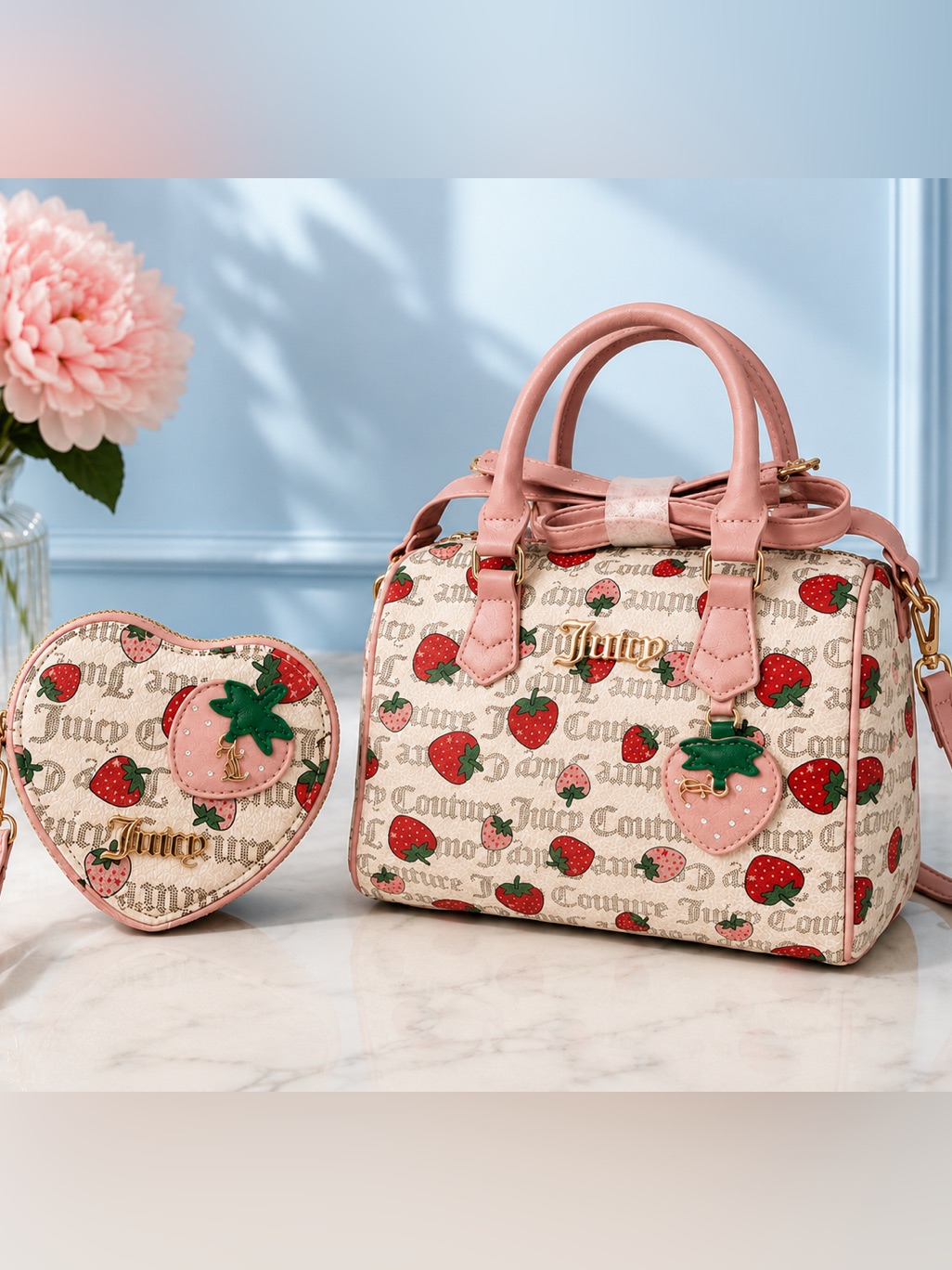 Juicy Couture Freshly Picked Strawberry Satchel W/ Heart Coin Wallet Purse Nwt